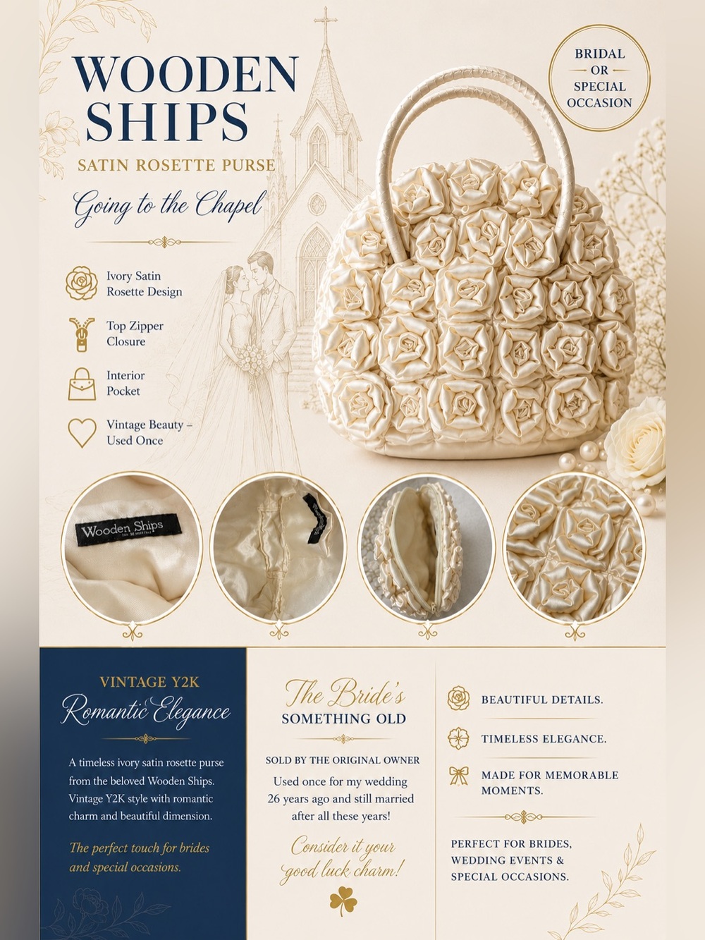 Wooden Ships of Hoboken Ivory Satin Rosette Purse | Bridal or Special Occasion
